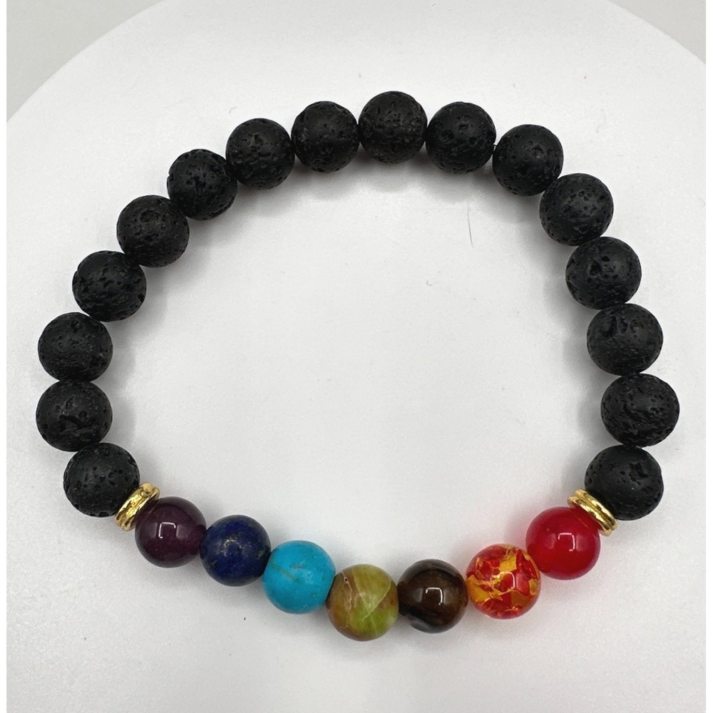 Vintage 90s 7 Chakra Healing Bracelet Lava Rock Stone‎ Beads Women's Jewelry